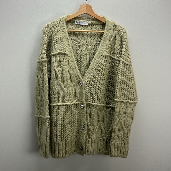 Zara Chunky Knit Sweater Green Patchwork Jeweled Buttons Oversized Womens Small - Picture 1 of 9